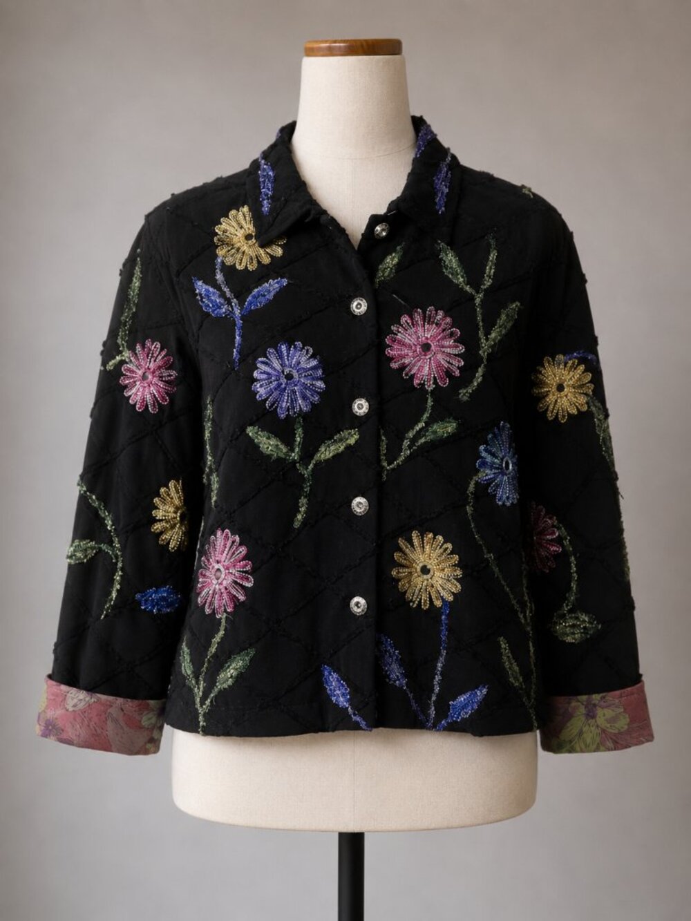Tantrums Black Embroidered Floral Cotton Jacket Boho Artsy India Small